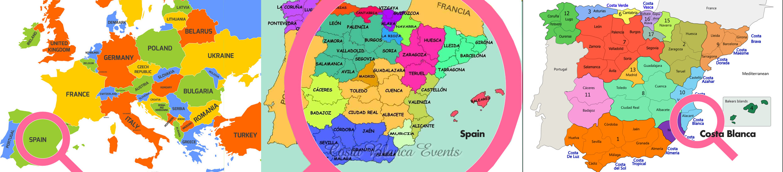 Kaart van europa met Spanje en de regio Costa Blanca